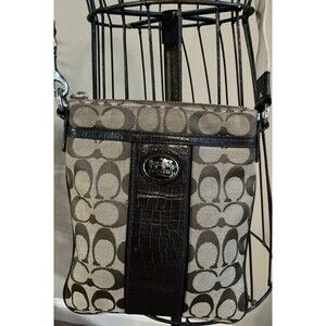 Coach Signature Stripe Brown Canvas Crossbody Handbag EUC